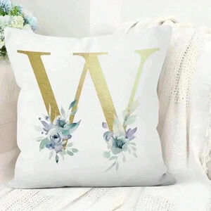 Pillow Covers 18x18” 1 pc W Alphabet Linen White/Gold W Blue Floral Boho Cottage